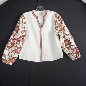 Calypso Floral Embroidered Cotton Flax Peasant Blouse Top White Boho Festival SM